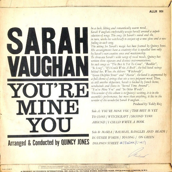 Sarah Vaughan – You're Mine You — back cover