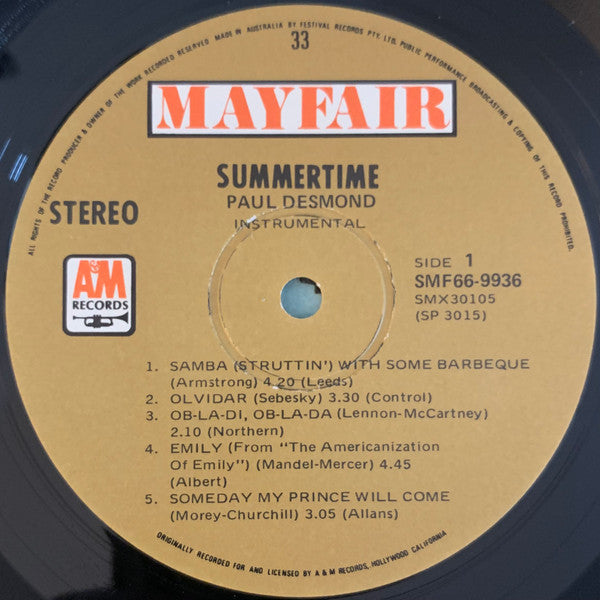Paul Desmond – Summertime – LP, AU 1969