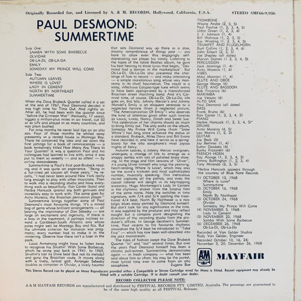 Paul Desmond – Summertime — back cover