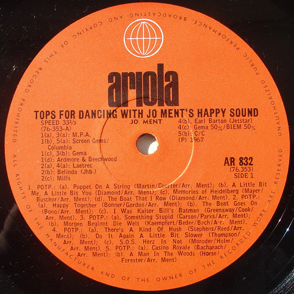 Joe Ment's Happy Sound – Tops For Dancing – LP, UK 1967