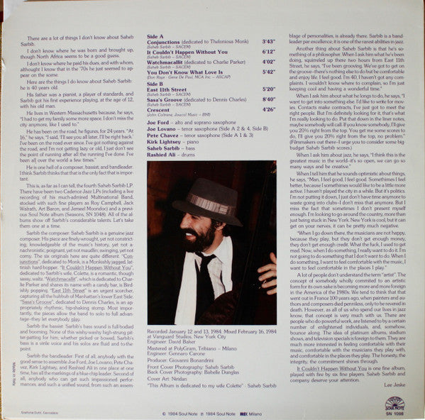Saheb Sarbib Quintet – It Couldn't Happen Without You — back cover