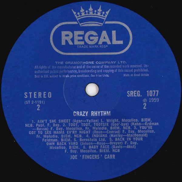 Joe "Fingers" Carr – Crazy Rhythm – LP, UK 1967