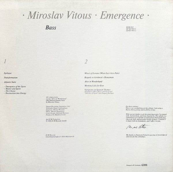 Miroslav Vitous – Emergence — back cover