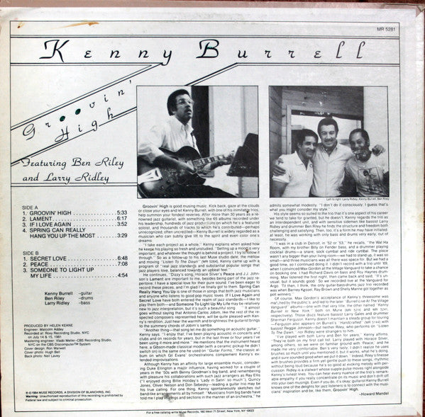 Kenny Burrell Featuring Ben Riley And Larry Ridley – Groovin' High — back cover
