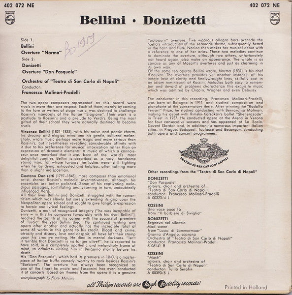 Francesco Molinari-Pradelli Conducting Orchestra Del Teatro Di San Carlo – Norma / Don Pasquale — back cover
