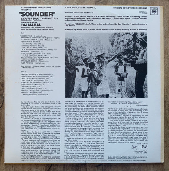 Taj Mahal – Sounder (Original Soundtrack Recording) — back cover