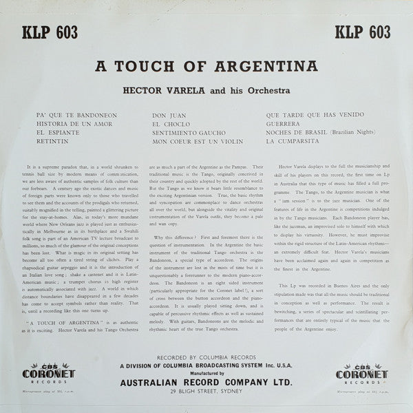 Héctor Varela Y Su Orquesta Típica – A Touch Of Argentina — back cover