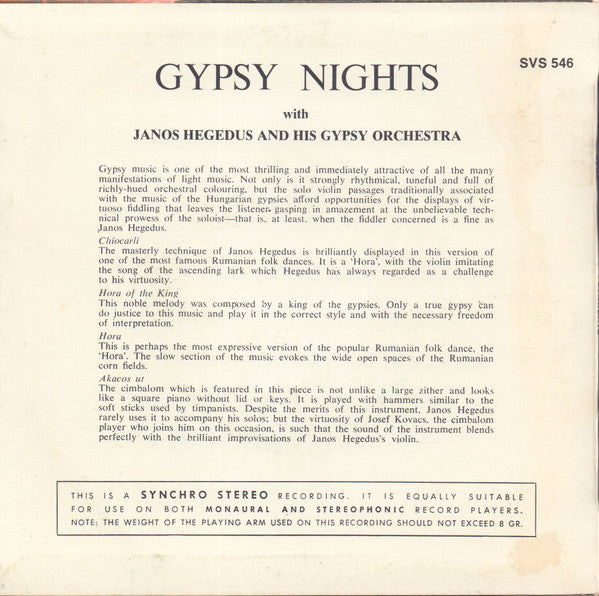 János Hegedüs Und Sein Grosses Zigeuner Orchester – Gypsy Nights — back cover