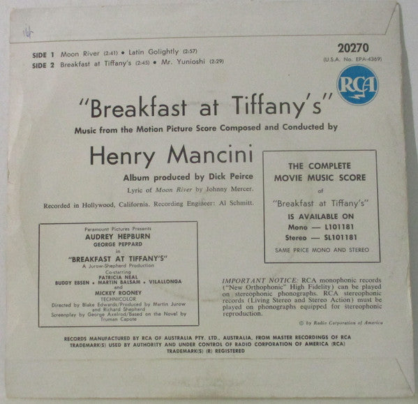 Henry Mancini – Breakfast At Tiffany's (Music From The Motion Picture Score) — back cover