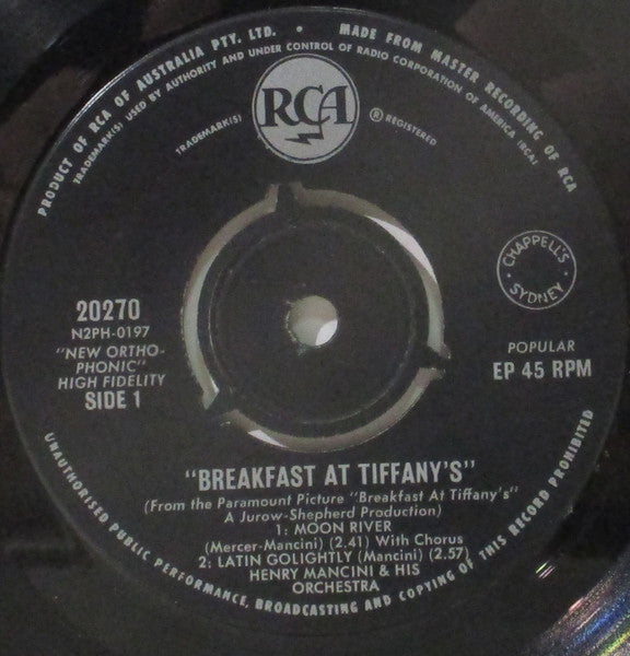 Henry Mancini – Breakfast At Tiffany's (Music From The Motion Picture Score) – 7", AU