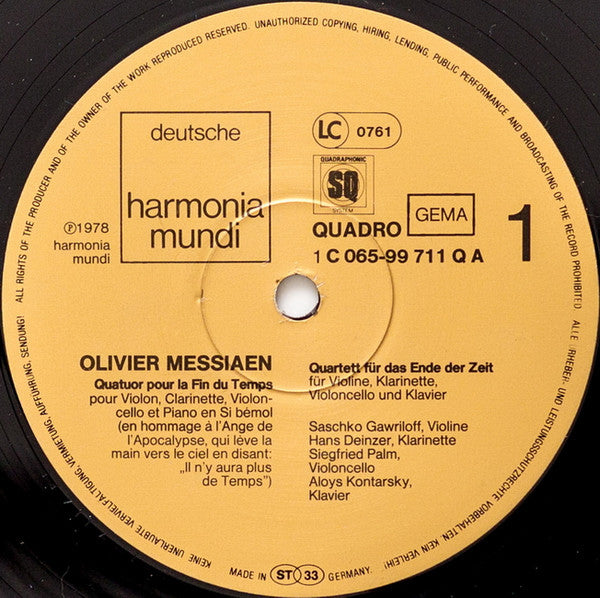 Messiaen, Saschko Gawriloff, Hans Deinzer, Siegfried Palm, Aloys Kontarsky – Quatuor Pour La Fin Du Temps – LP, DE 1978