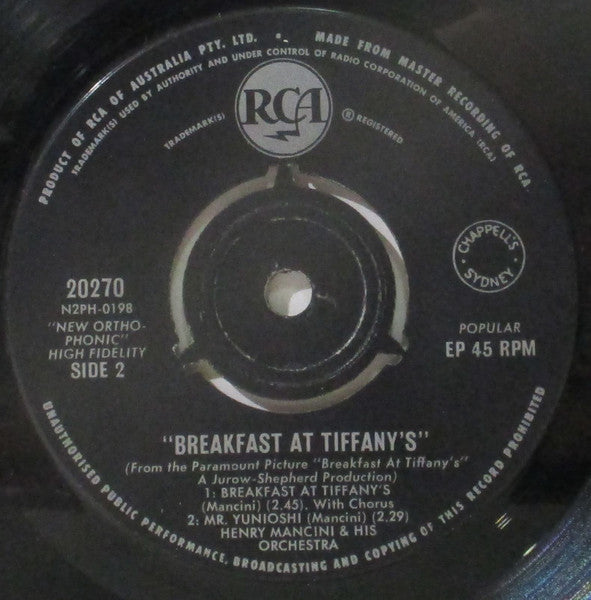 Henry Mancini – Breakfast At Tiffany's (Music From The Motion Picture Score) – 7", AU