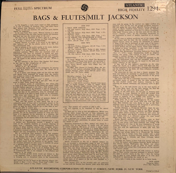 Milt Jackson – Bags & Flutes — back cover