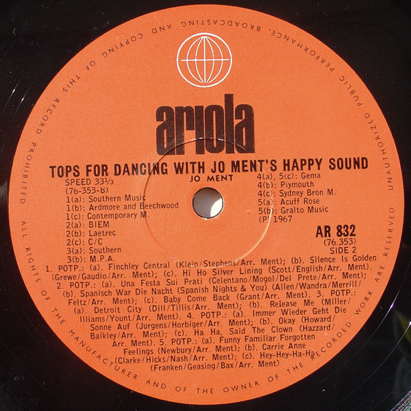 Joe Ment's Happy Sound – Tops For Dancing – LP, UK 1967