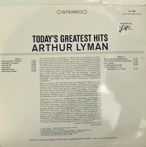 Arthur Lyman – Today's Greatest Hits — back cover