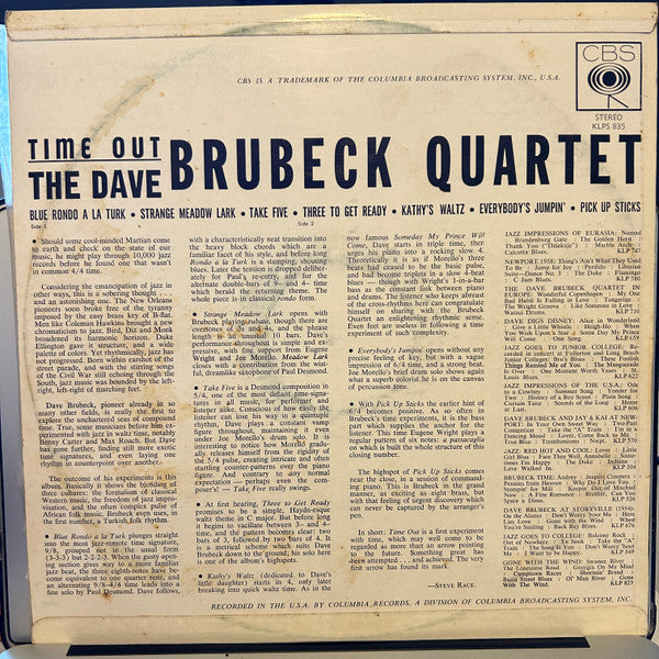 The Dave Brubeck Quartet – Time Out — back cover