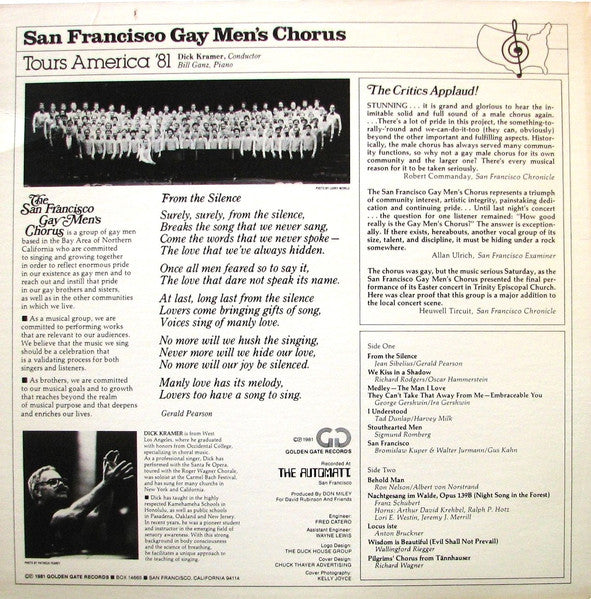 San Francisco Gay Men's Chorus – San Francisco Gay Men's Chorus Tours America '81 — back cover