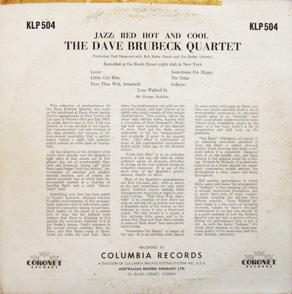The Dave Brubeck Quartet – Jazz: Red Hot And Cool — back cover