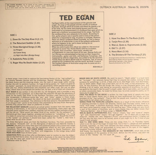 Ted Egan – Outback Australia — back cover